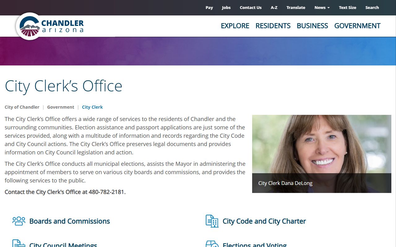 Chandler Arizona City Clerk Office webpage showing services offered to residents