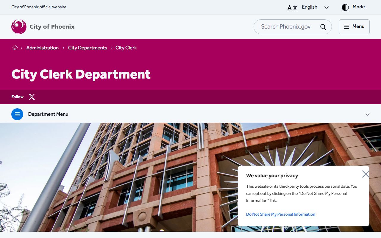 Phoenix City Clerk website showing city services separate from county marriage records