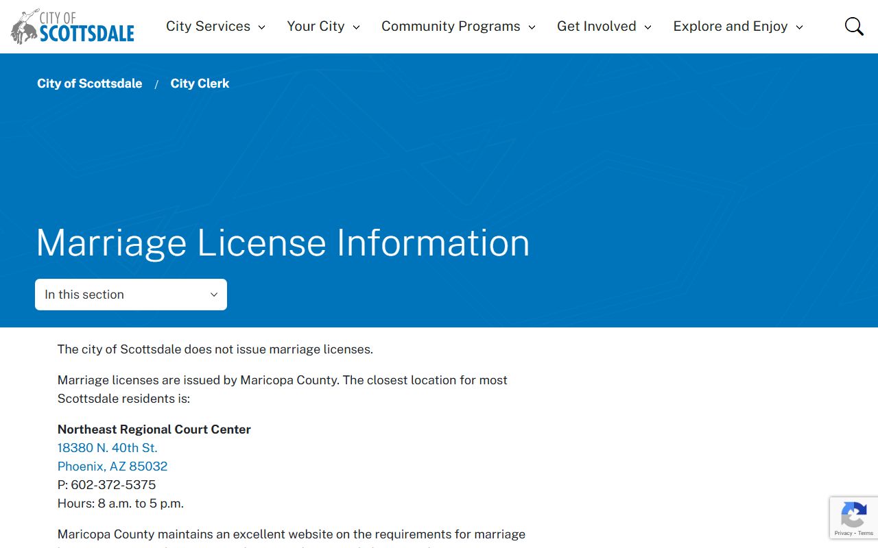 City of Scottsdale marriage license information page directing residents to Maricopa County