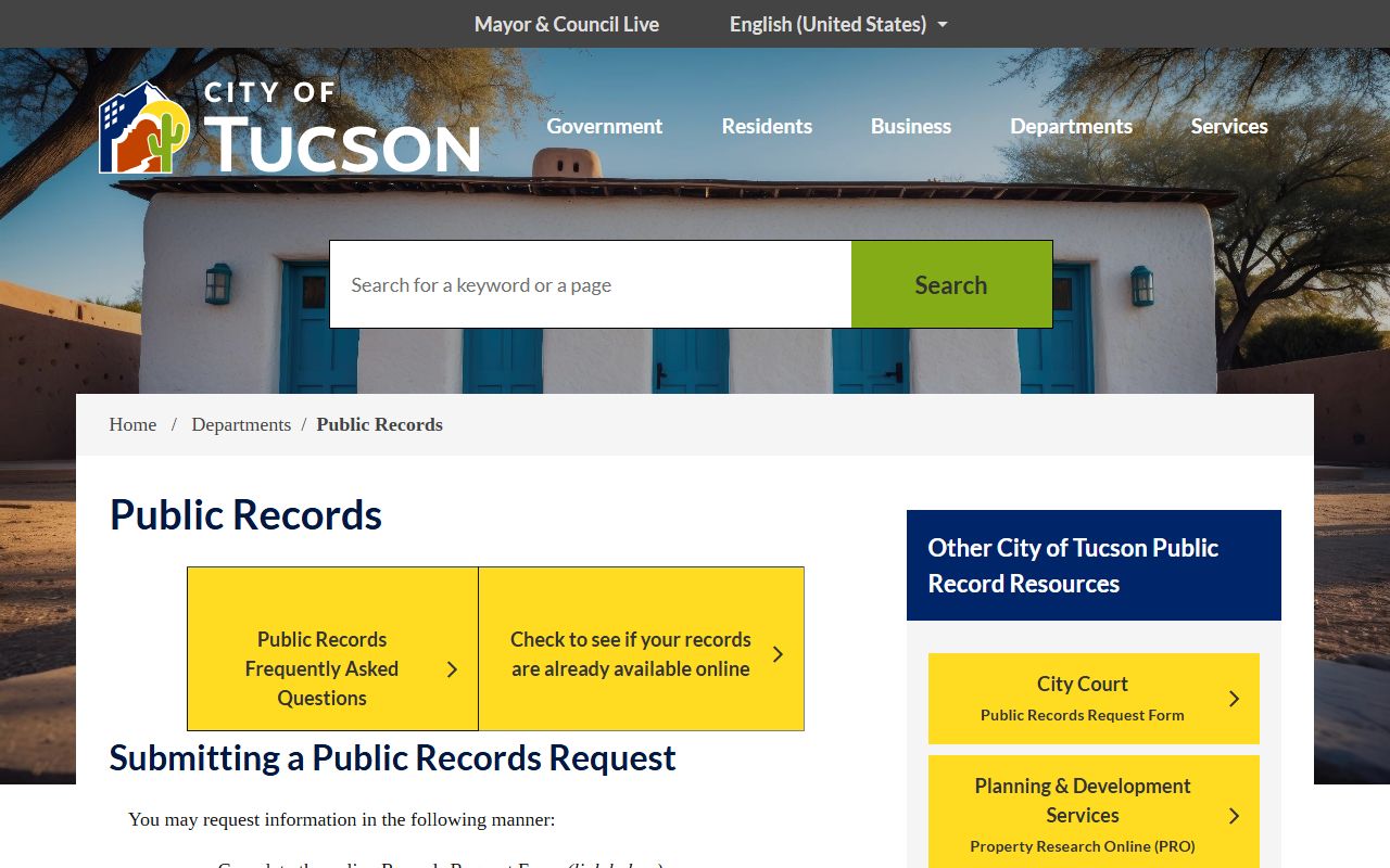 Tucson City Clerk public records page showing marriage records handled by Pima County