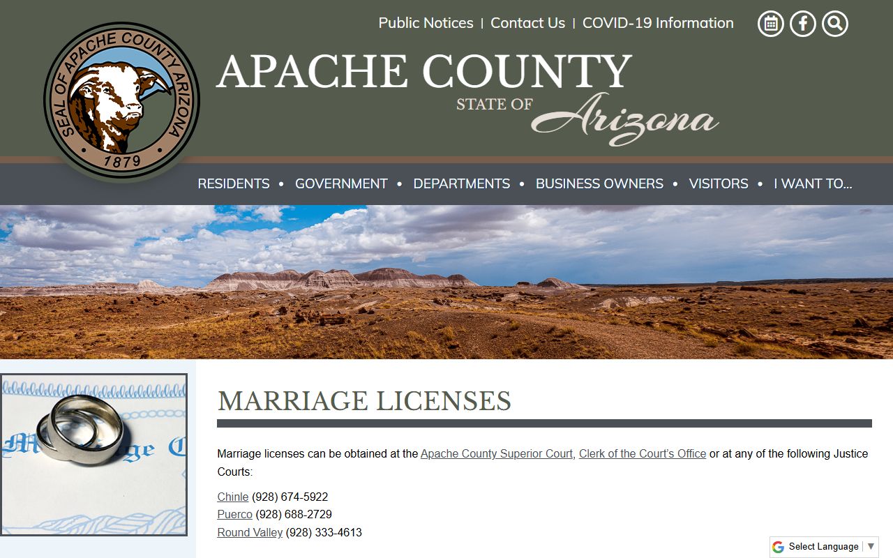Apache County marriage license information page from the county website