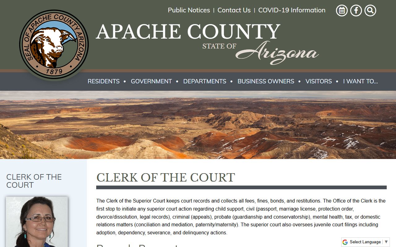 Apache County Clerk of Superior Court main page with contact information