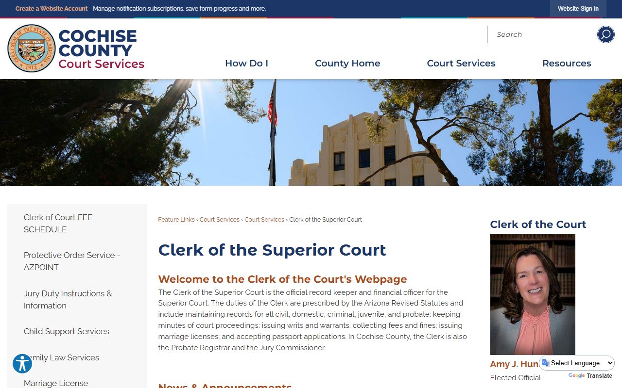 Cochise County Clerk of Superior Court main page for marriage records