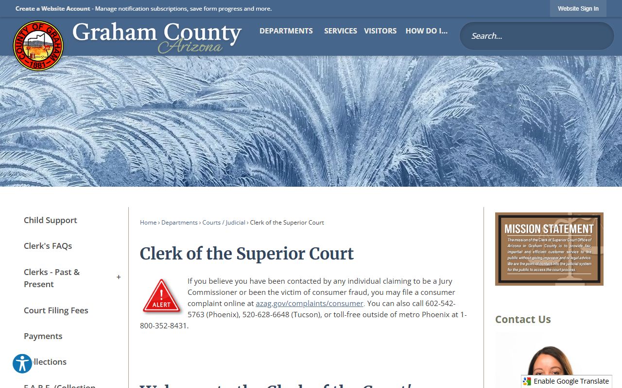 Graham County Clerk of Superior Court webpage showing marriage license information and services