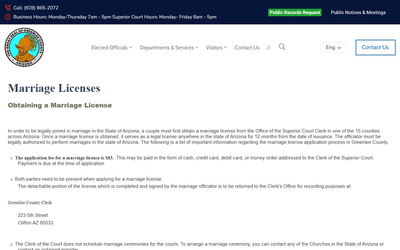 Greenlee County Arizona official marriage license information page
