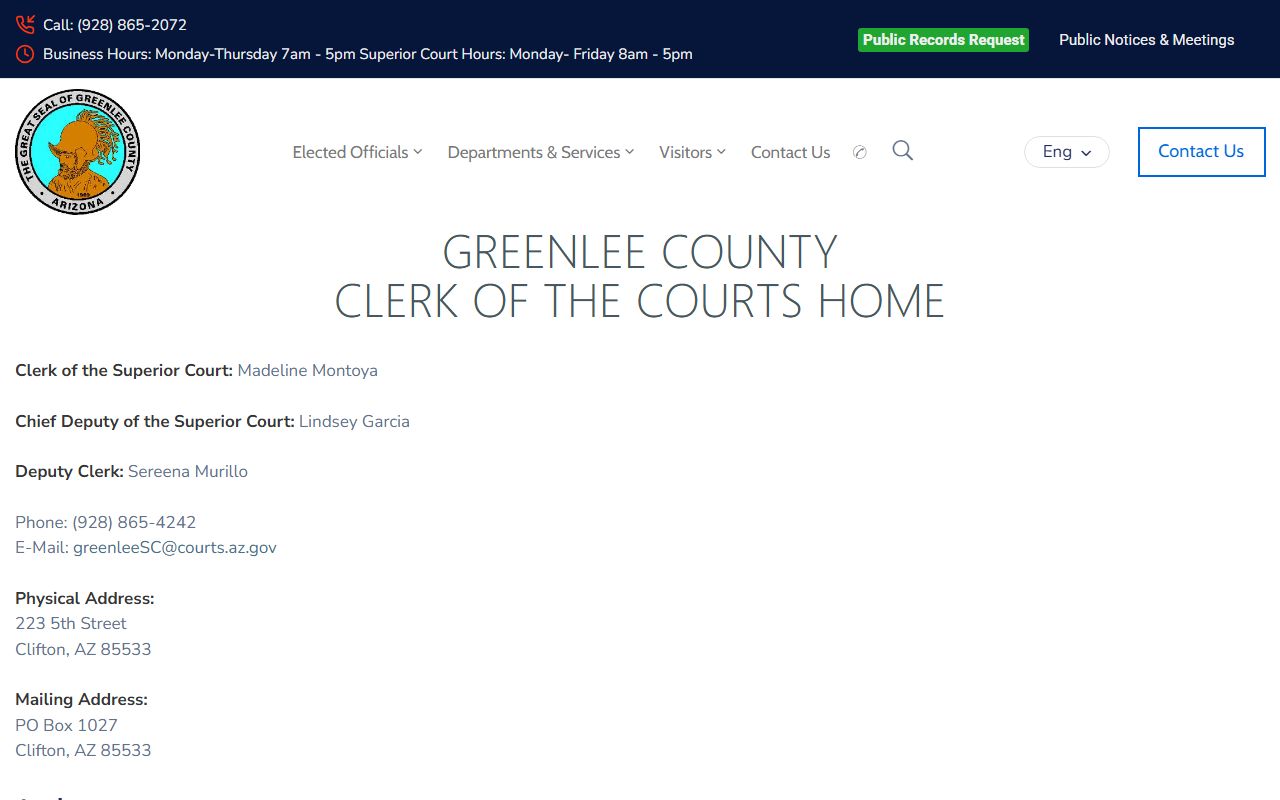 Greenlee County Clerk of Superior Court homepage showing marriage license information