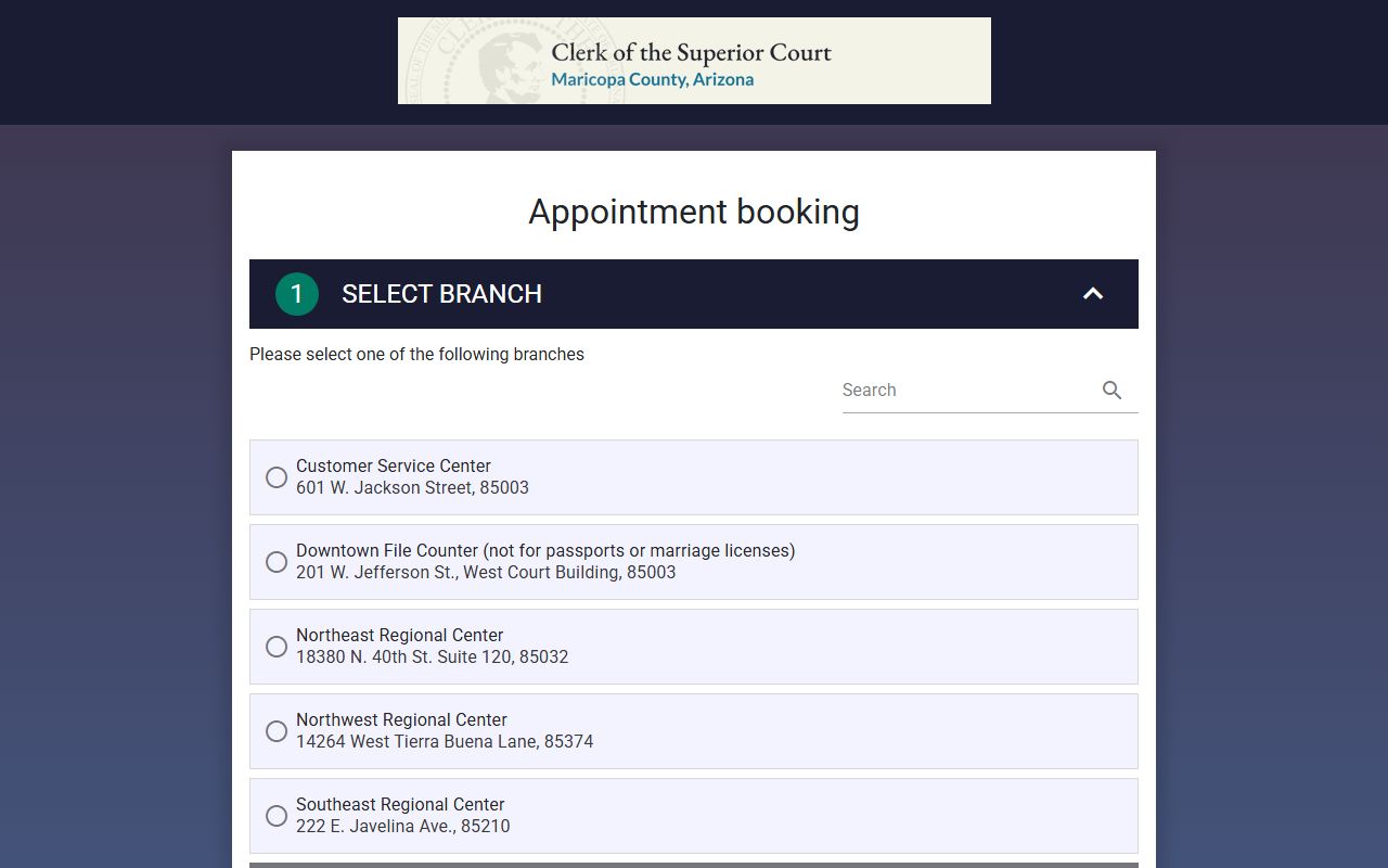 Maricopa County appointment booking system for marriage license services