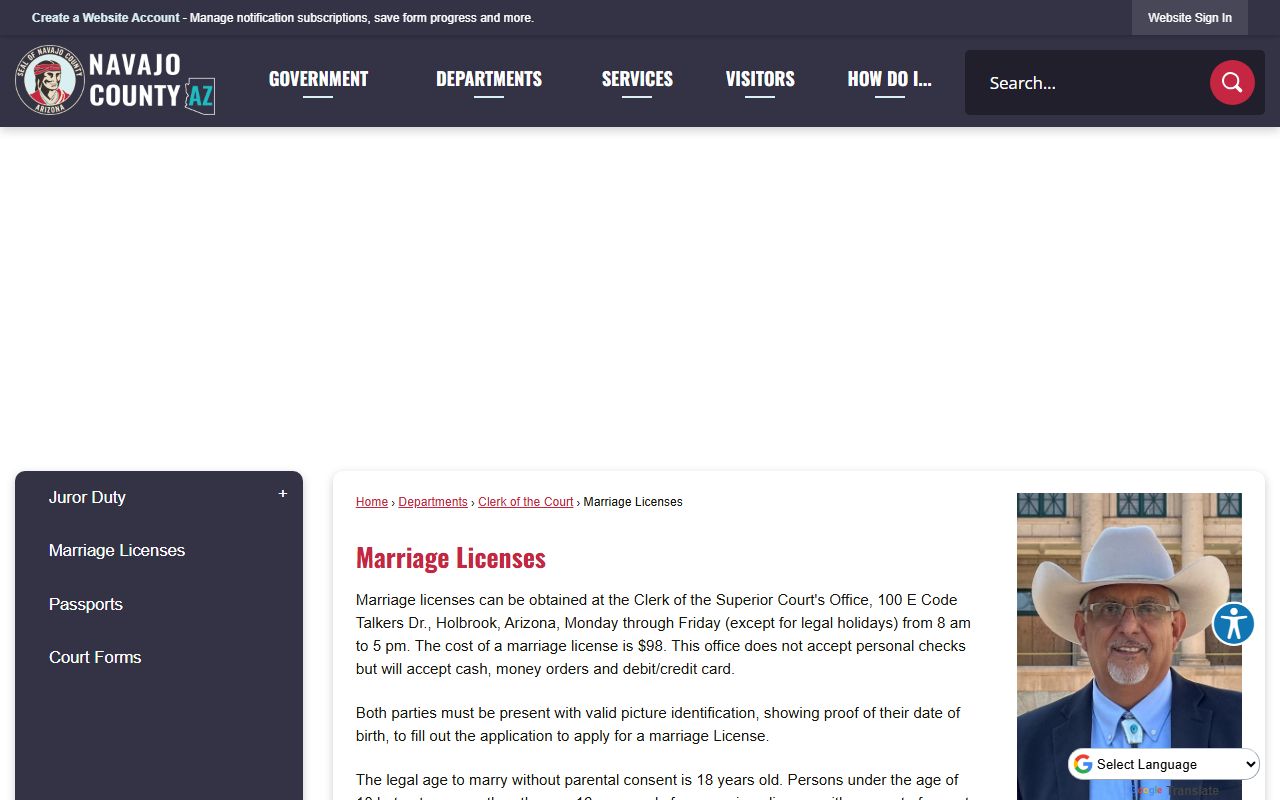 Navajo County Clerk of Superior Court marriage license information page showing requirements and fees