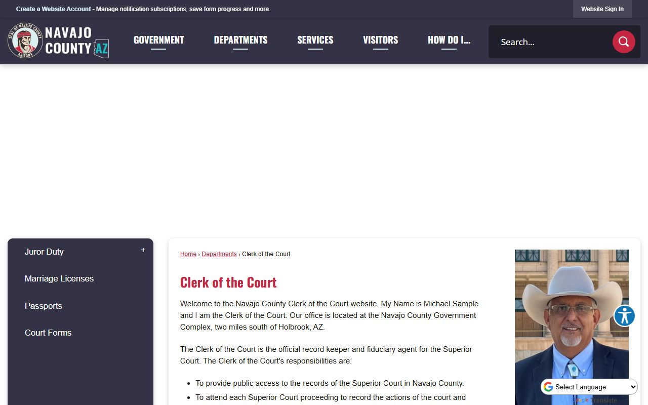 Navajo County Clerk of the Court main webpage with contact information and services