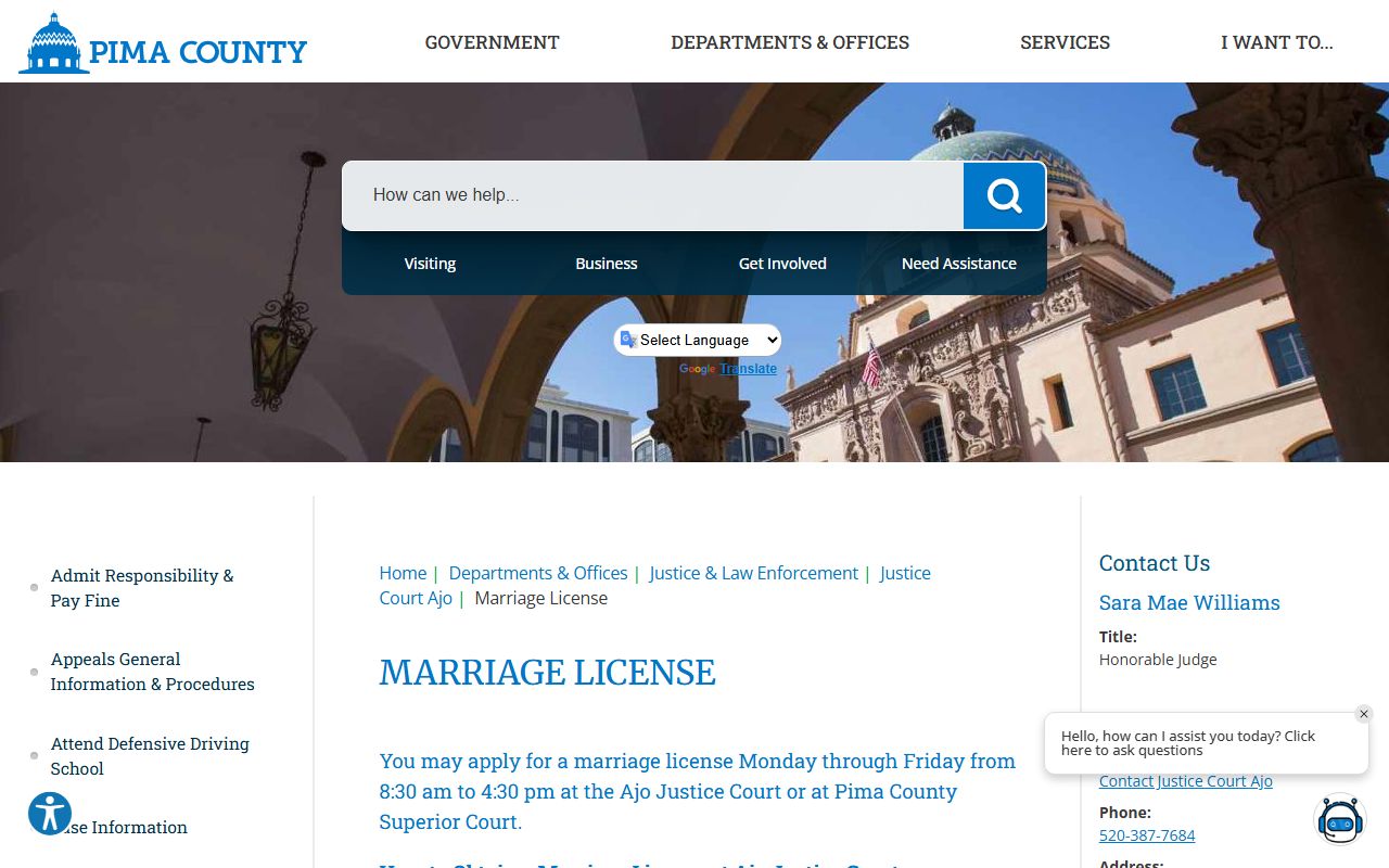 Pima County official marriage license information page with requirements and fees