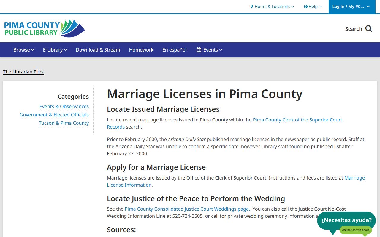 Pima County Library reference guide for marriage licenses with step by step instructions