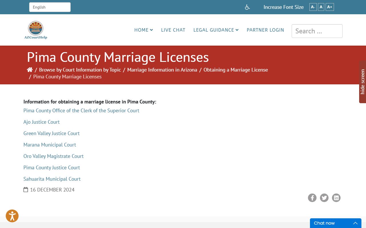 AZ Court Help page with Pima County specific marriage license information