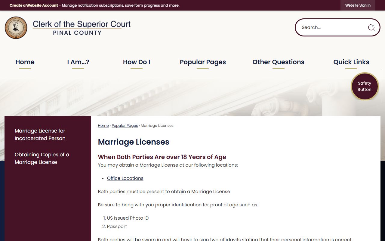 Pinal County Clerk of Superior Court marriage license information page