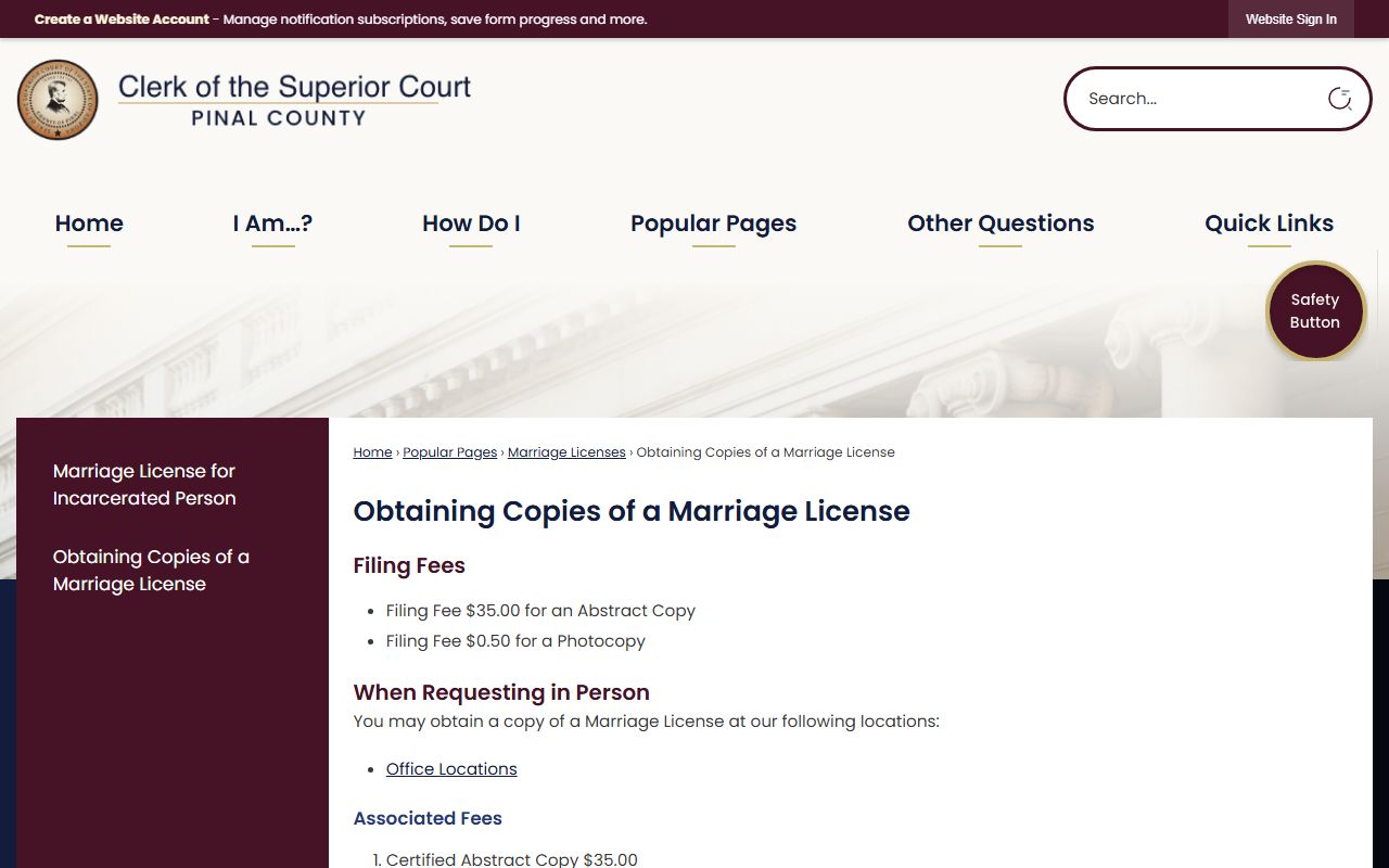 Pinal County instructions for obtaining copies of marriage licenses