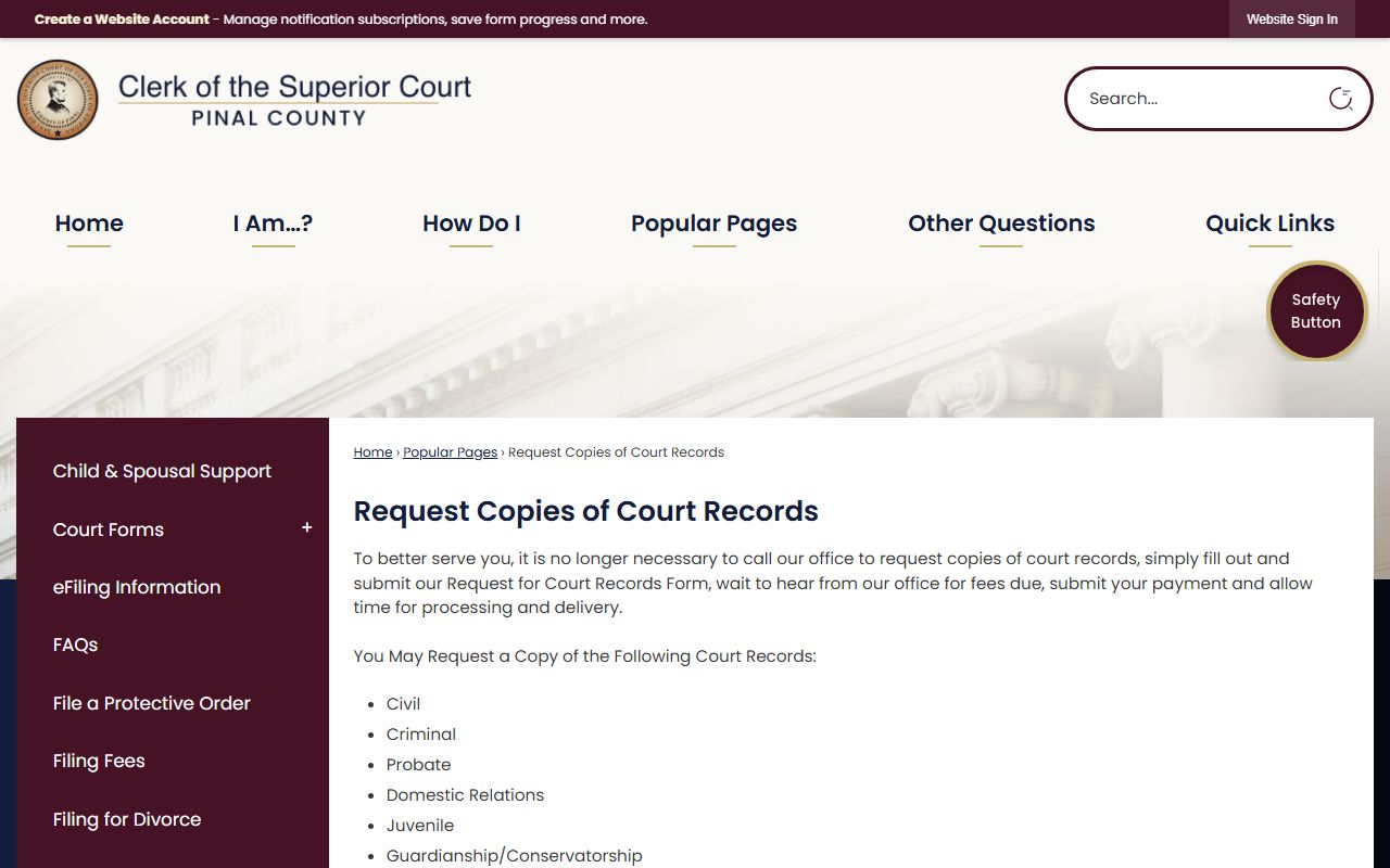 Pinal County court records request form and instructions