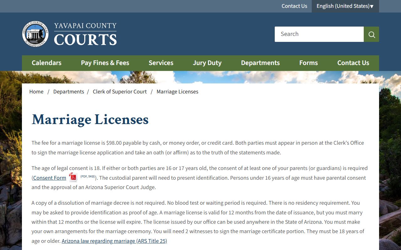 Yavapai County Clerk of Superior Court marriage license information page