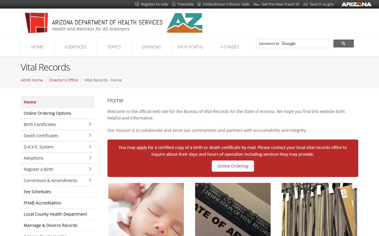 Arizona Department of Health Services vital records page showing marriage records are handled by county clerks