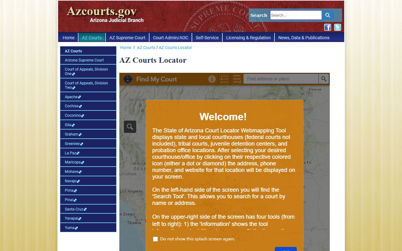 Arizona Courts Locator website for finding county Superior Court locations