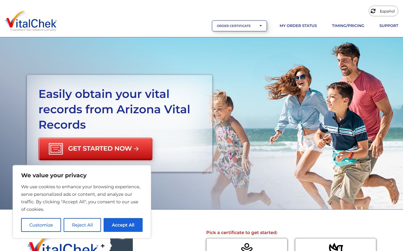 VitalChek Arizona page confirming marriage records must be obtained from county offices
